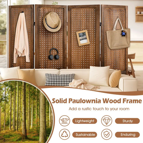 170cm 4-Panel Folding Room Divider with 360 Metal Hinges and Solid Wood Frame-4-Panel
