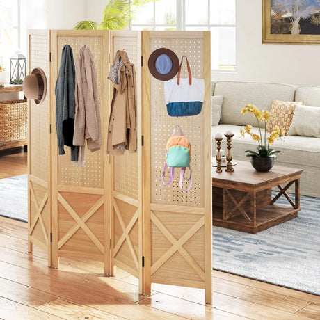 144 cm 4-Panel Pegboard Display Stand with Solid Wood Frame-Natural