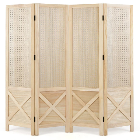 144 cm 4-Panel Pegboard Display Stand with Solid Wood Frame-Natural