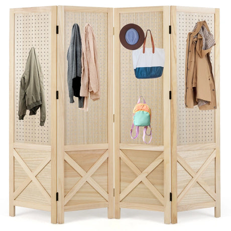 144 cm 4-Panel Pegboard Display Stand with Solid Wood Frame-Natural