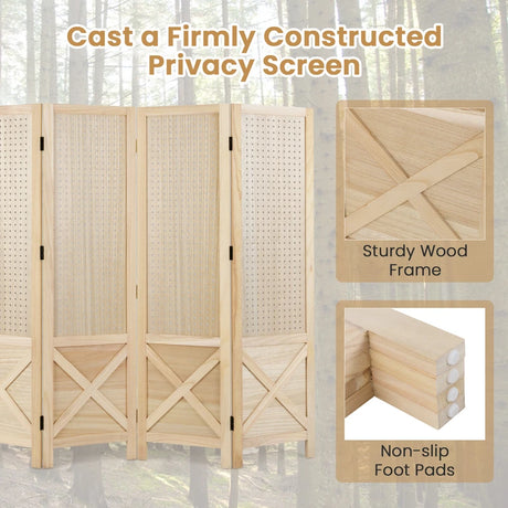 144 cm 4-Panel Pegboard Display Stand with Solid Wood Frame-Natural