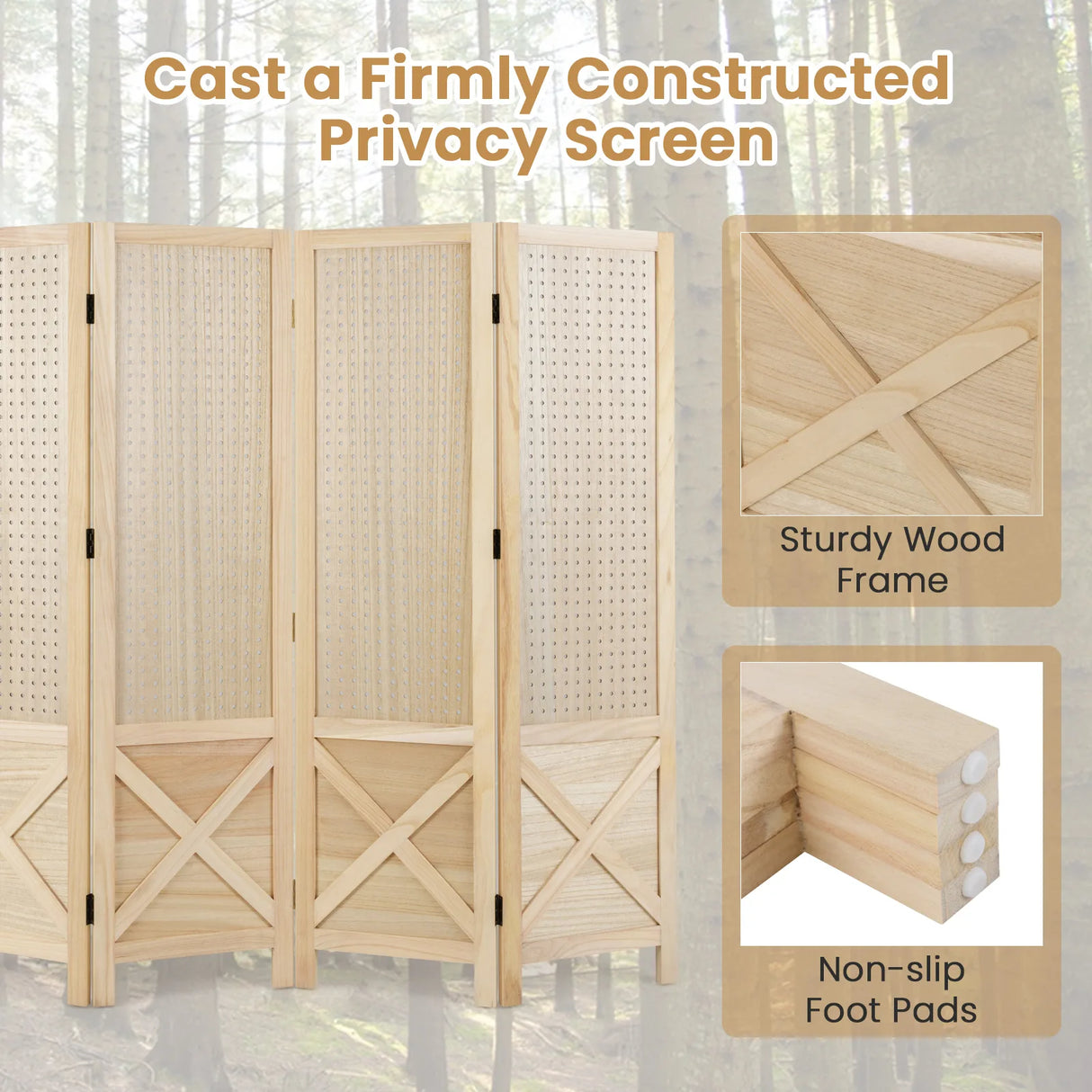 144 cm 4-Panel Pegboard Display Stand with Solid Wood Frame-Natural