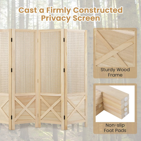 144 cm 4-Panel Pegboard Display Stand with Solid Wood Frame-Natural