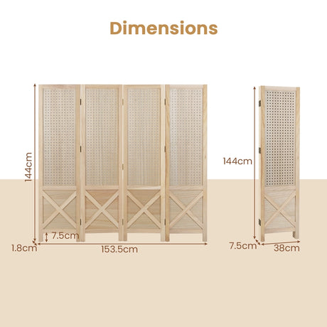 144 cm 4-Panel Pegboard Display Stand with Solid Wood Frame-Natural