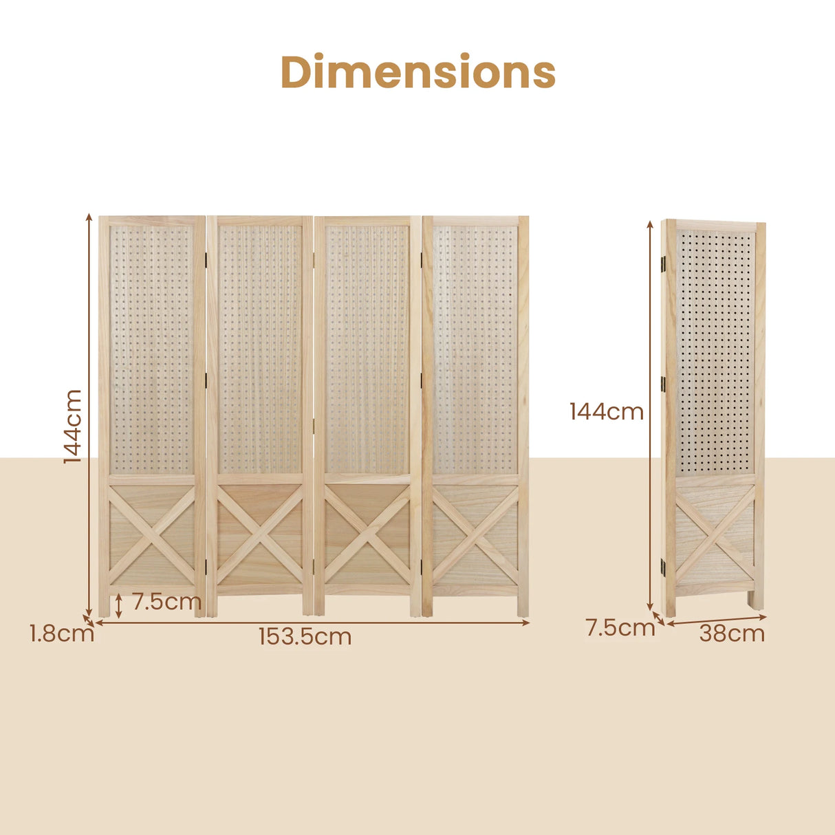 144 cm 4-Panel Pegboard Display Stand with Solid Wood Frame-Natural