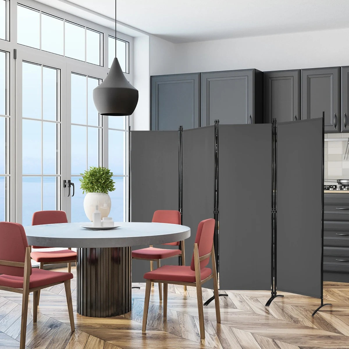 4 Panel 173cm Tall Room Divider Portable Steel Frame Screen Grey