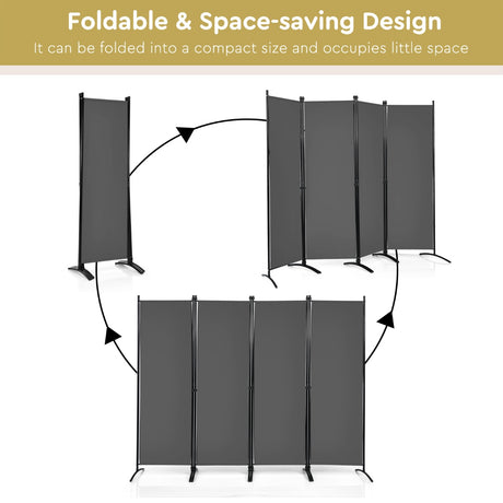 4 Panel 173cm Tall Room Divider Portable Steel Frame Screen Grey