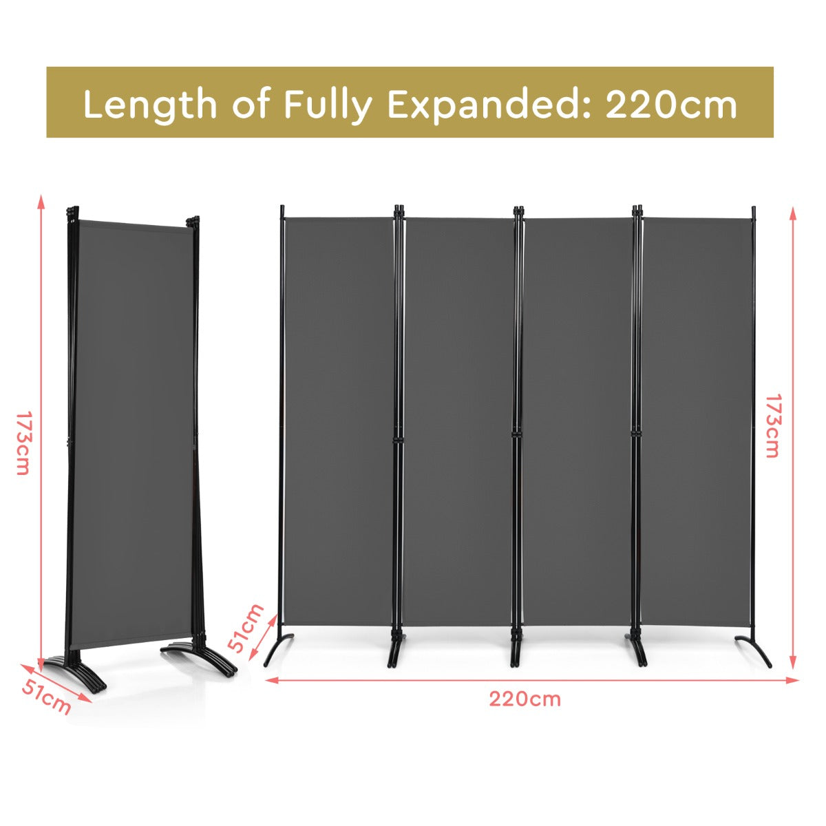 4 Panel 173cm Tall Room Divider Portable Steel Frame Screen Grey