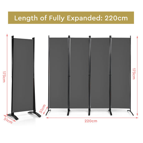 4 Panel 173cm Tall Room Divider Portable Steel Frame Screen Grey