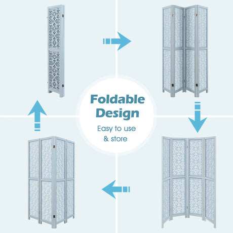 165cm 4-Panel Wooden Room Divider with Carved Cutout Pattern and Solid Wood Frame-4-Panel