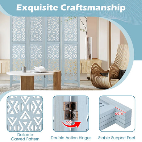 165cm 4-Panel Wooden Room Divider with Carved Cutout Pattern and Solid Wood Frame-4-Panel