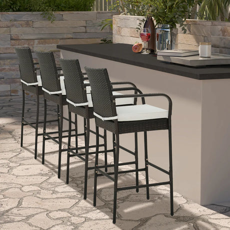 2/4 Pieces Outdoor PE Rattan Cushioned Barstool Set with Armrests-Set of 4