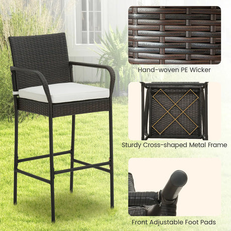 2/4 Pieces Outdoor PE Rattan Cushioned Barstool Set with Armrests-Set of 4