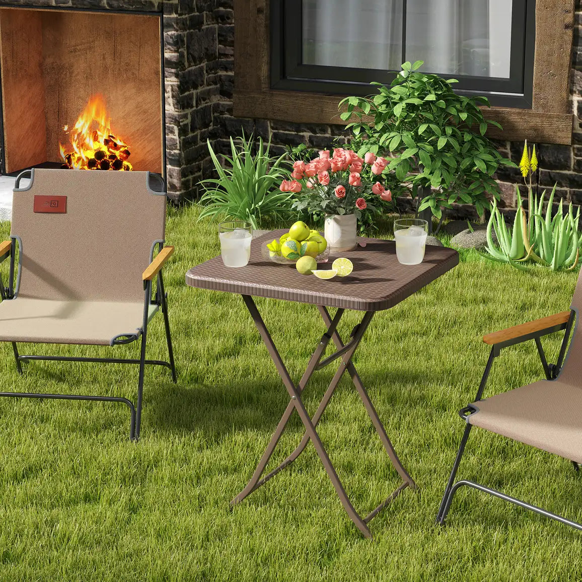 Folding Picnic Table with Rattan Grain HDPE Tabletop and Sturdy Metal Fame-Coffee