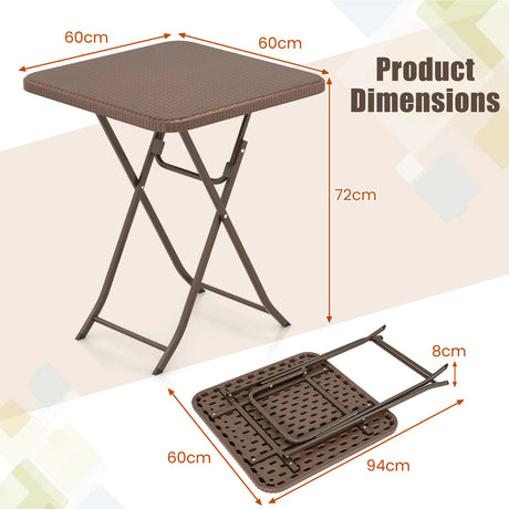 Folding Picnic Table with Rattan Grain HDPE Tabletop and Sturdy Metal Fame-Coffee