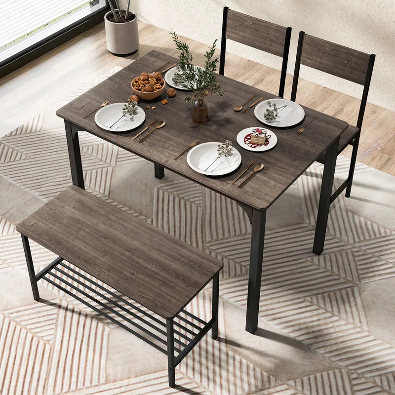 Industrial Gathering Table Set with 2 Chairs &amp; 1 Bench for Dining Room Grey
