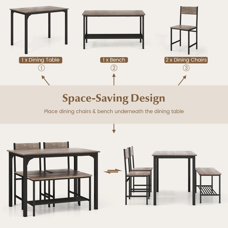 Industrial Gathering Table Set with 2 Chairs &amp; 1 Bench for Dining Room Grey