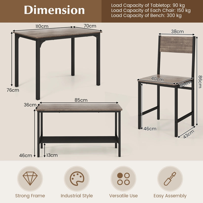 Industrial Gathering Table Set with 2 Chairs &amp; 1 Bench for Dining Room Grey