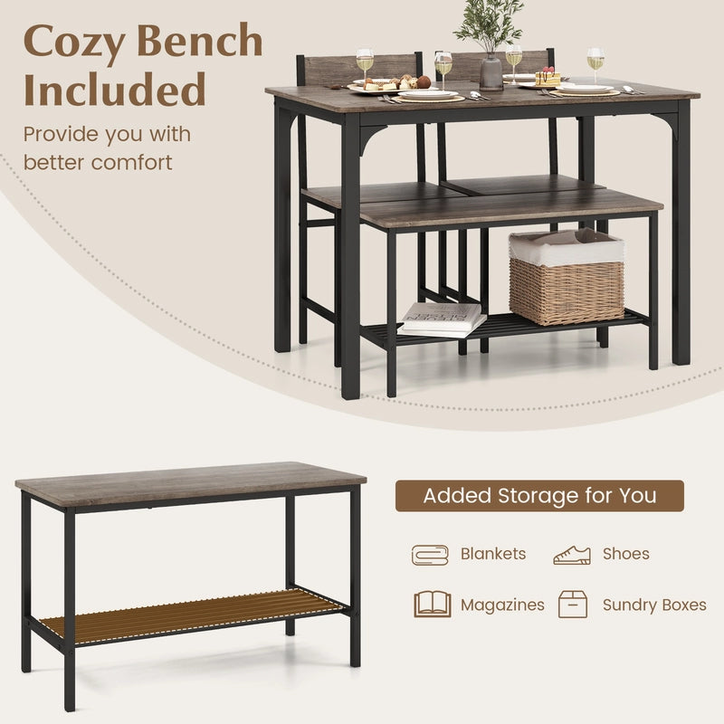 Industrial Gathering Table Set with 2 Chairs &amp; 1 Bench for Dining Room Grey