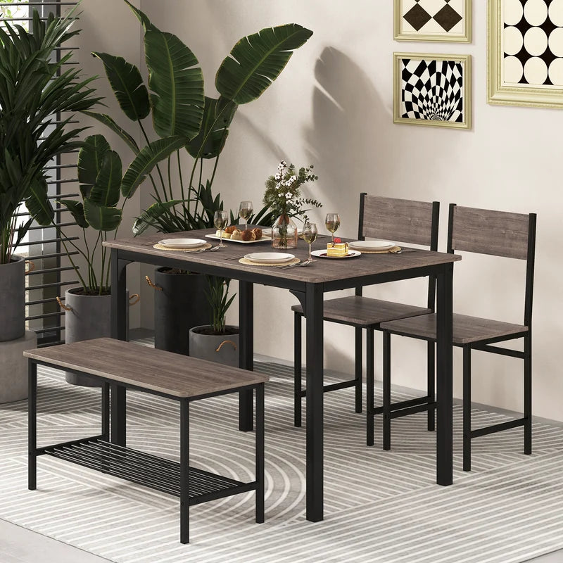 Industrial Gathering Table Set with 2 Chairs &amp; 1 Bench for Dining Room Grey