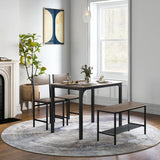 Industrial Gathering Table Set with 2 Chairs &amp; 1 Bench for Dining Room Grey