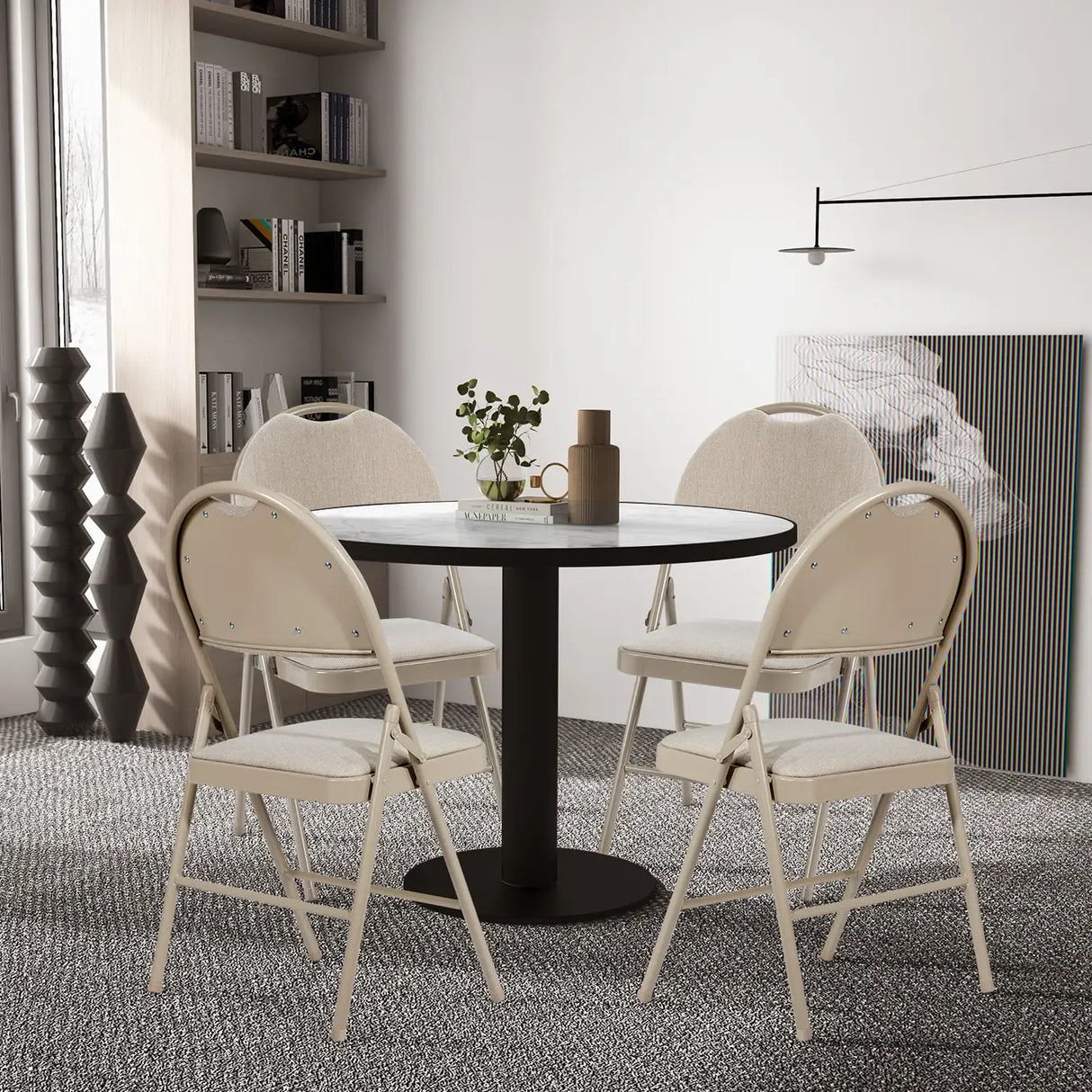 4 Pieces Folding Fabric Dining Chairs with Cushioned Seat and Back-Beige