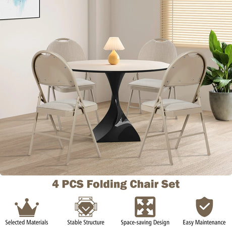 4 Pieces Folding Fabric Dining Chairs with Cushioned Seat and Back-Beige