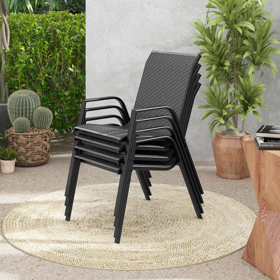 4 Piece Patio Rattan Dining Chairs with Wicker Woven Seat and Back for Backyard Front Porch-Brown