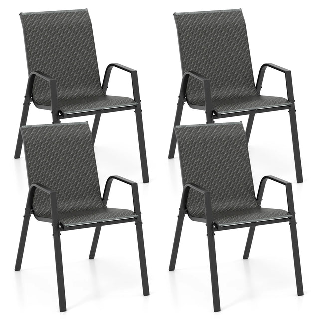 4 Piece Patio Rattan Dining Chairs with Wicker Woven Seat and Back for Backyard Front Porch-Brown