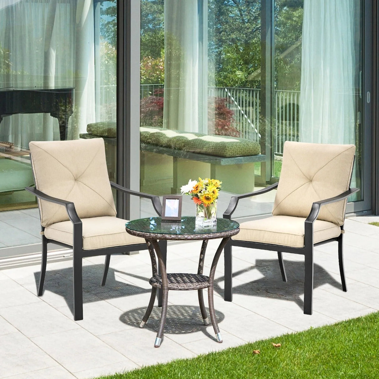 4 Pieces Outdoor Dining Set with Removable Cushions and Rustproof Steel Frame