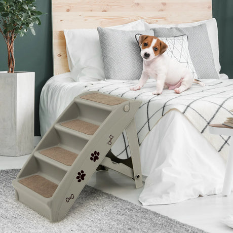 4 Steps Folding Pet Stairs with Safe Side Rail-Gray