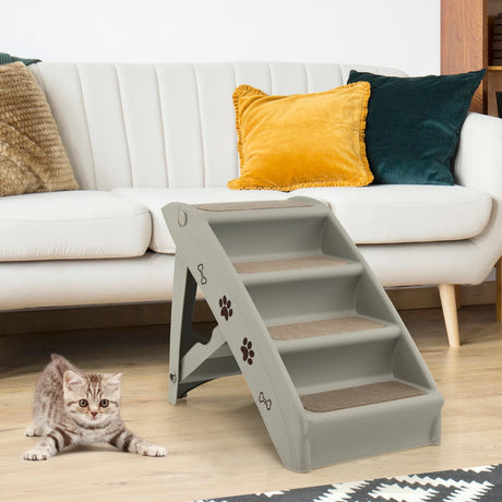 4 Steps Folding Pet Stairs with Safe Side Rail-Gray
