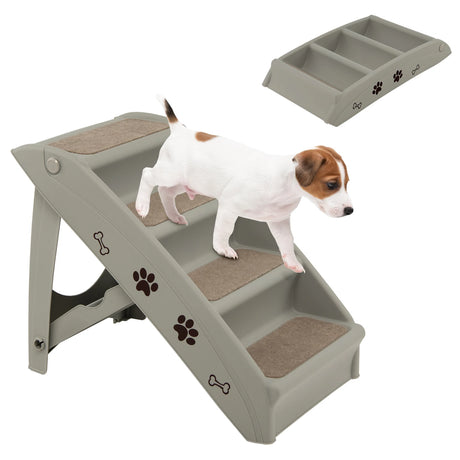 4 Steps Folding Pet Stairs with Safe Side Rail-Gray