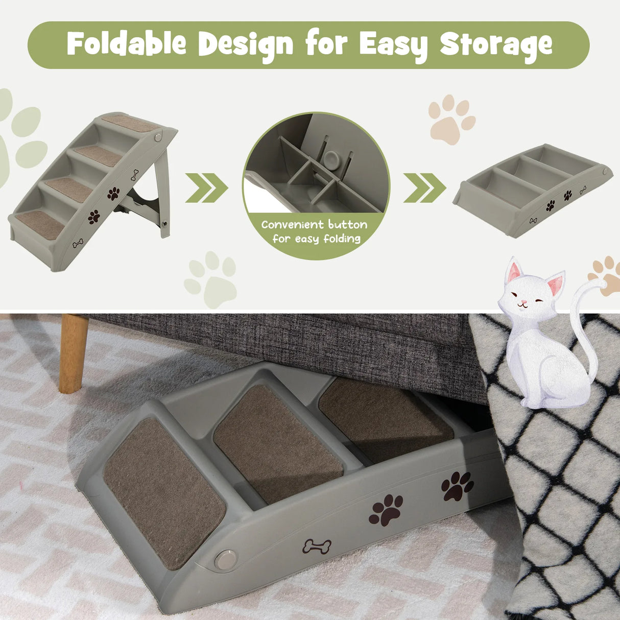 4 Steps Folding Pet Stairs with Safe Side Rail-Gray