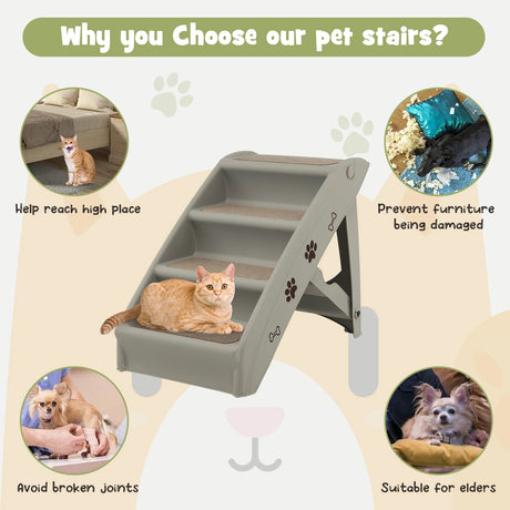 4 Steps Folding Pet Stairs with Safe Side Rail-Gray
