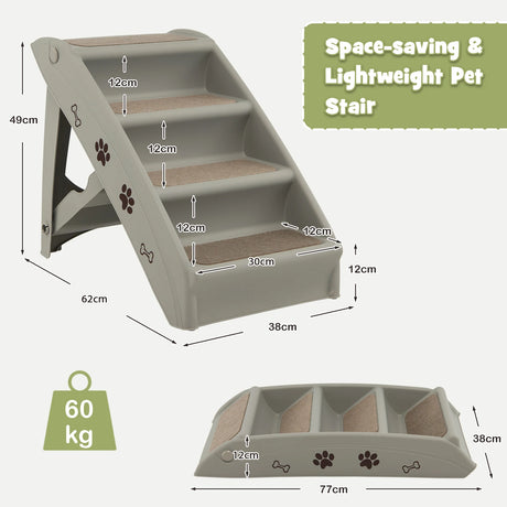 4 Steps Folding Pet Stairs with Safe Side Rail-Gray