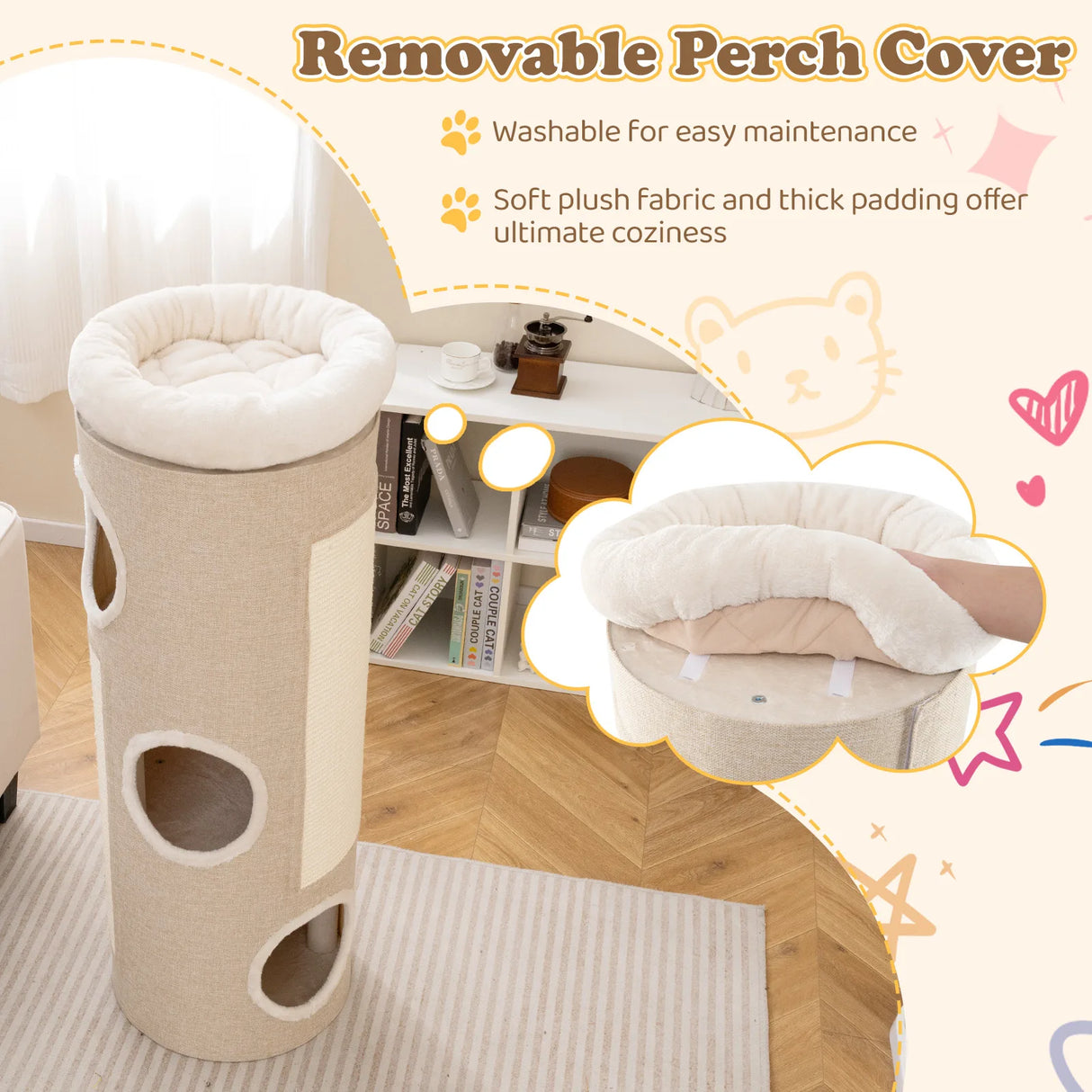 4-Tier Cat Tree Raised Condo with Removable Bed Indoor Cat Tower with Sisal Scratching Board White