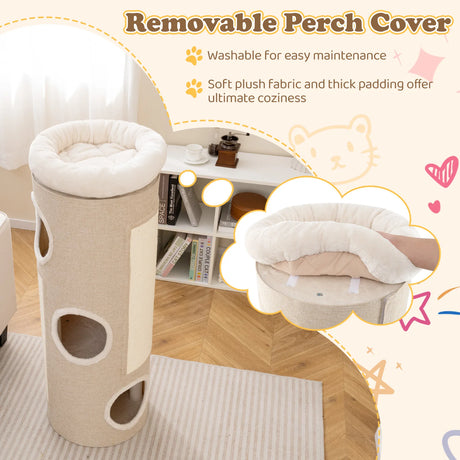 4-Tier Cat Tree Raised Condo with Removable Bed Indoor Cat Tower with Sisal Scratching Board White