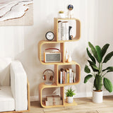 S-Shaped Bamboo Bookcase with 2 Open Cubes-Natural-4-Tier