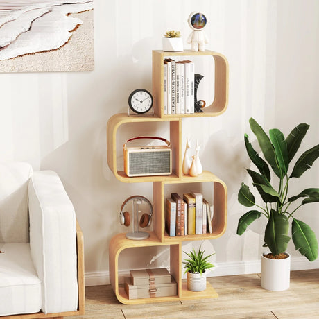 S-Shaped Bamboo Bookcase with 2 Open Cubes-Natural-4-Tier