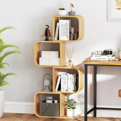 S-Shaped Bamboo Bookcase with 2 Open Cubes-Natural-4-Tier