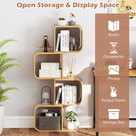 S-Shaped Bamboo Bookcase with 2 Open Cubes-Natural-4-Tier
