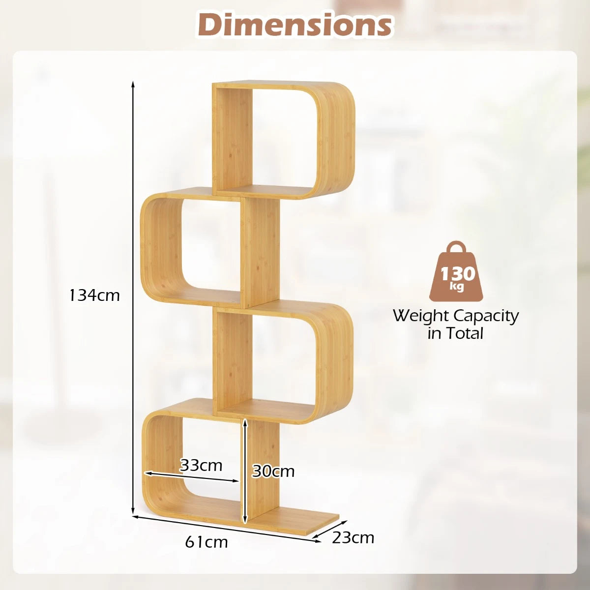 S-Shaped Bamboo Bookcase with 2 Open Cubes-Natural-4-Tier