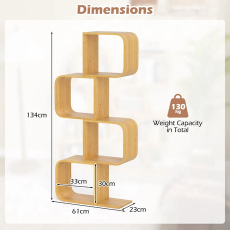 S-Shaped Bamboo Bookcase with 2 Open Cubes-Natural-4-Tier