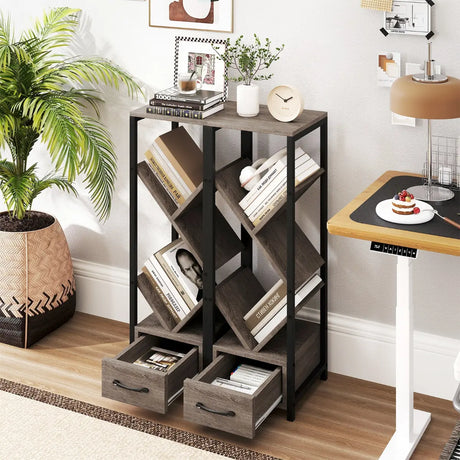 4 Tier Floor Standing Storage Organizer Tree Bookshelf with Drawer-Grey