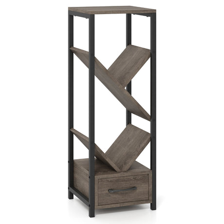 4 Tier Floor Standing Storage Organizer Tree Bookshelf with Drawer-Grey