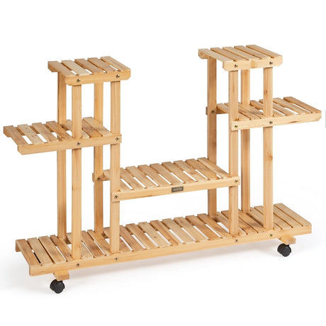 4-Tier Wood Casters Rolling Shelf Plant Stand-Natural