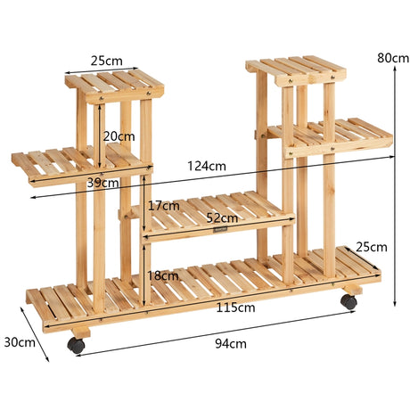 4-Tier Wood Casters Rolling Shelf Plant Stand-Natural