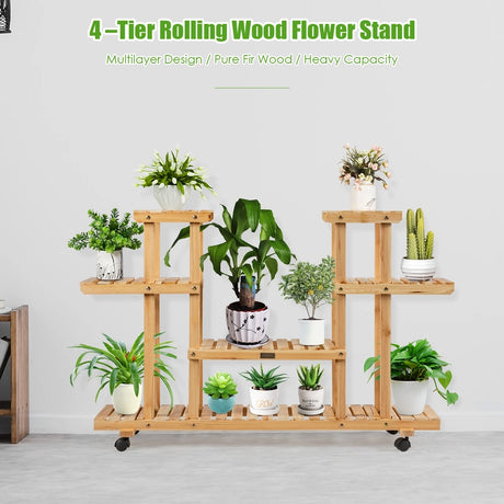 4-Tier Wood Casters Rolling Shelf Plant Stand-Natural