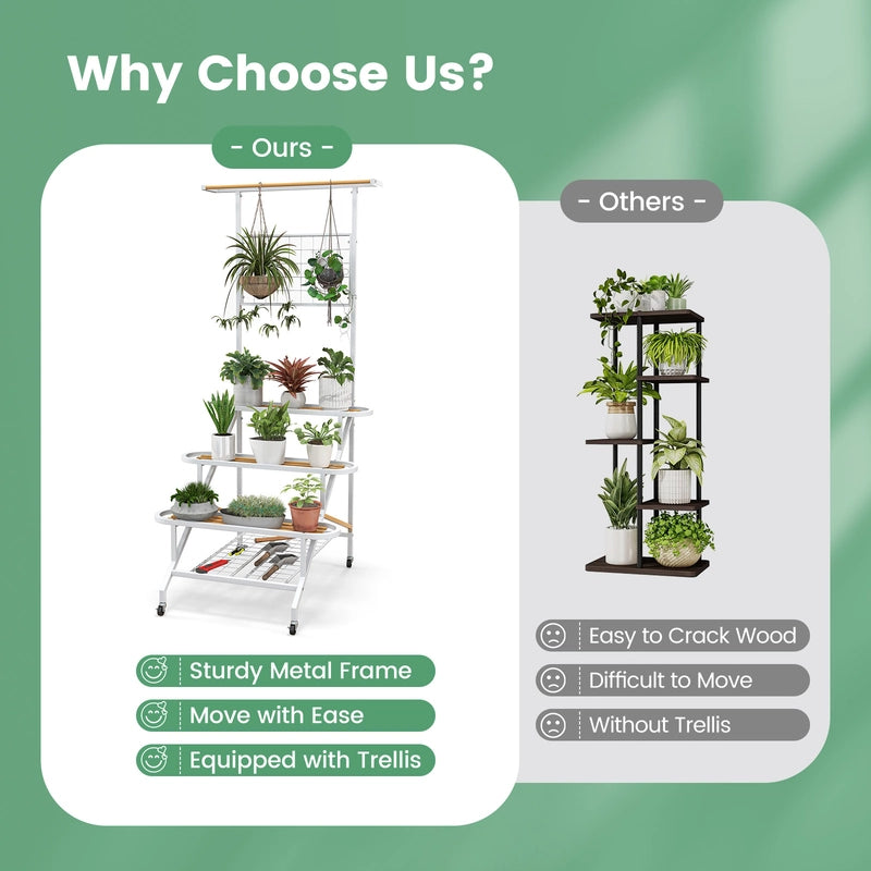 4-Tier Hanging Plant Stand with Hanging Bar and Trellis